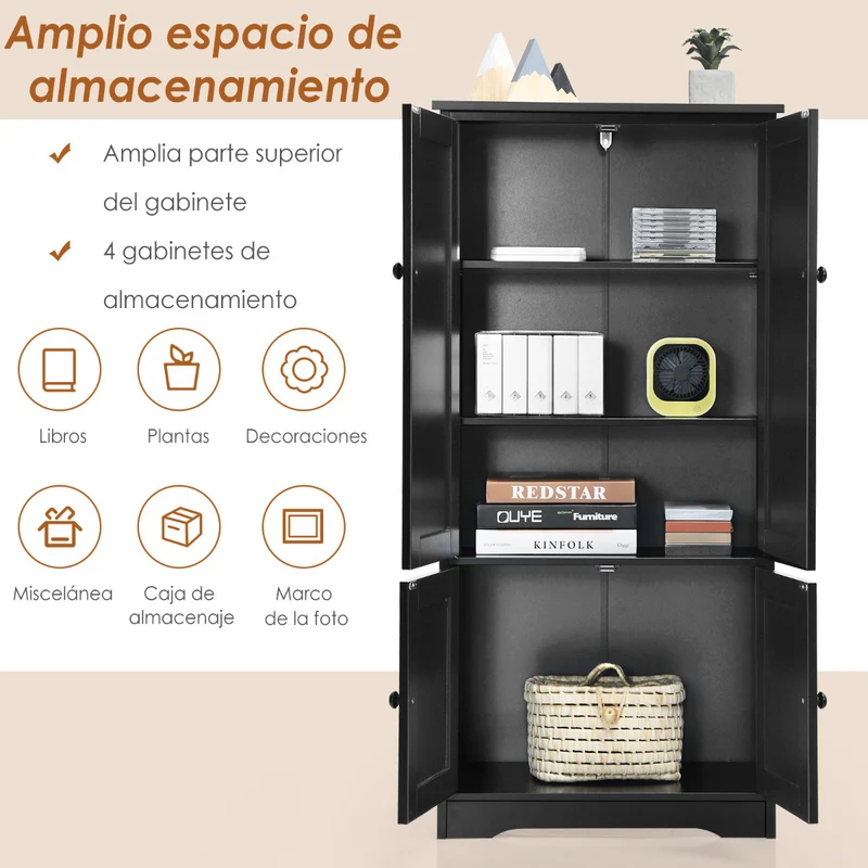 Costway - Armario oficina, Armarios de cocina, Armario de baño, Armarios pequeños, Doble Puerta con Repisa Regulable, Dispositivo Antivuelco, Negro