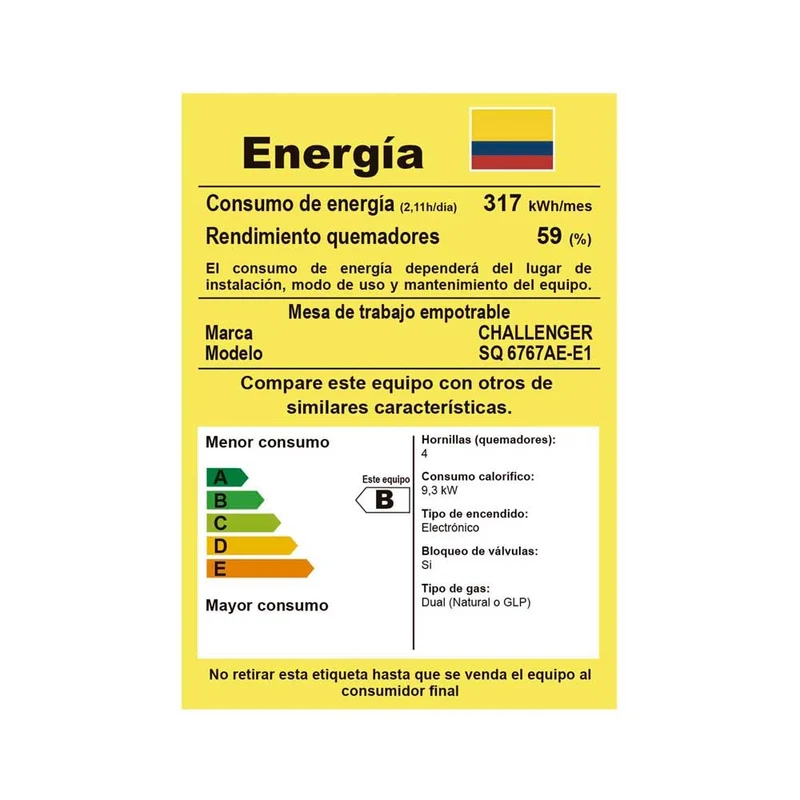 Estufa de Empotrar Challenger Gas Natural, Negro