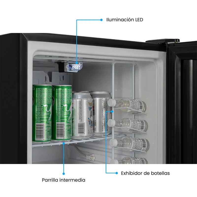 Minibar 49 lts Puerta de Vidrio Iluminación LED, Negro