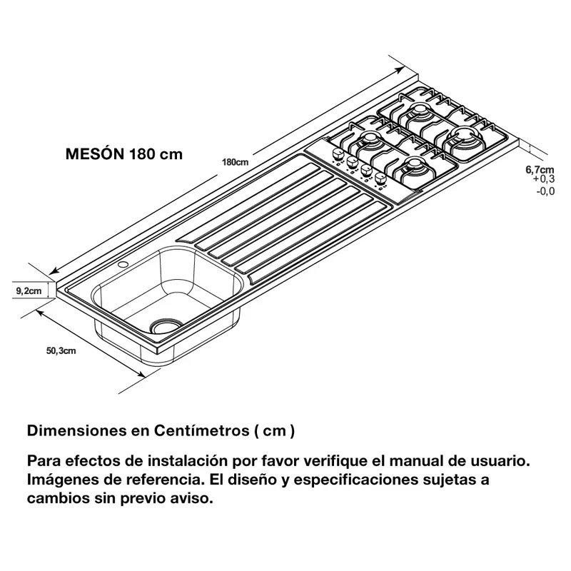 Mesón en Acero Inoxidable Challenger, Lavaplatos Izquierda de 180 cm
