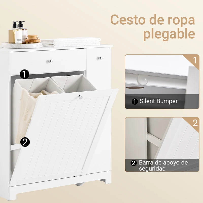 SoBuy BZR214-W Mueble Baño con Cestos para Ropa con Cajón, 2 Cestos Extraíbles y Compartimento Deslizante