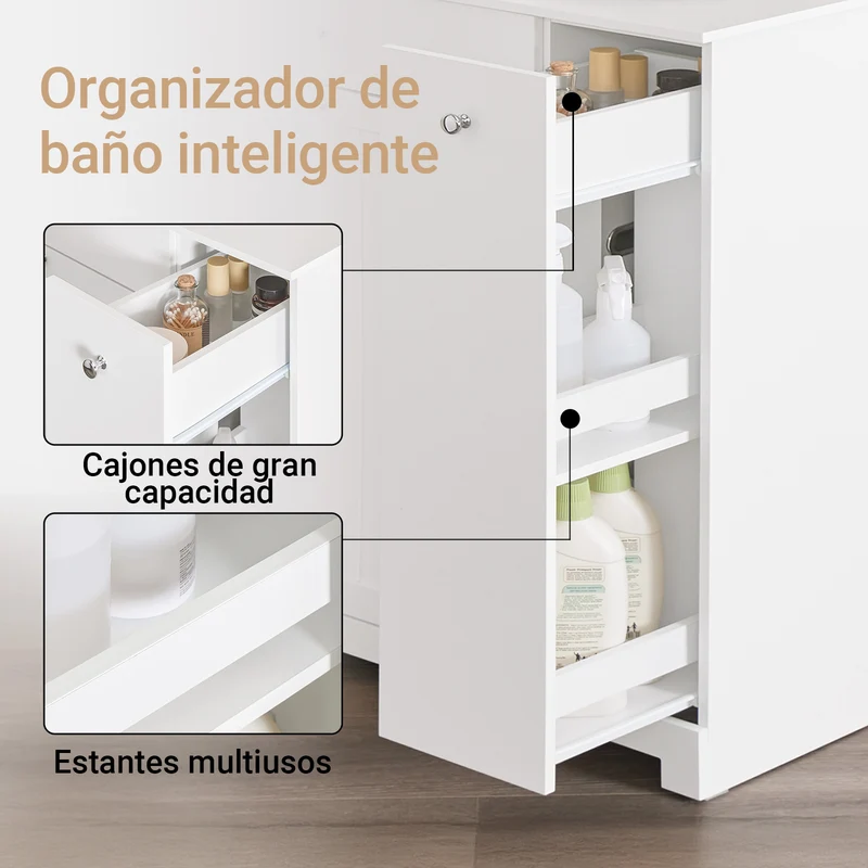 SoBuy BZR214-W Mueble Baño con Cestos para Ropa con Cajón, 2 Cestos Extraíbles y Compartimento Deslizante