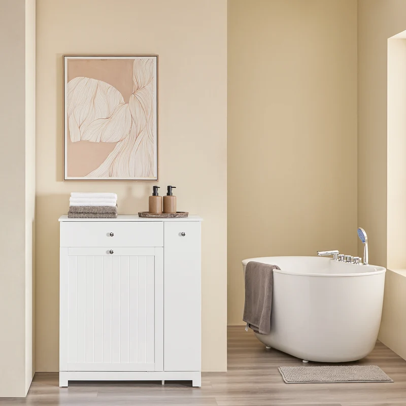 SoBuy BZR214-W Mueble Baño con Cestos para Ropa con Cajón, 2 Cestos Extraíbles y Compartimento Deslizante