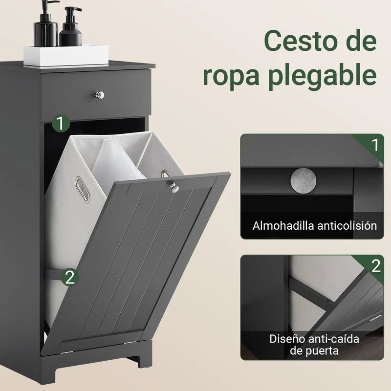 SoBuy BZR21-II-DG Mueble Baño con Cesto Ropa Sucia y Cajón Gris 40x38x90cm