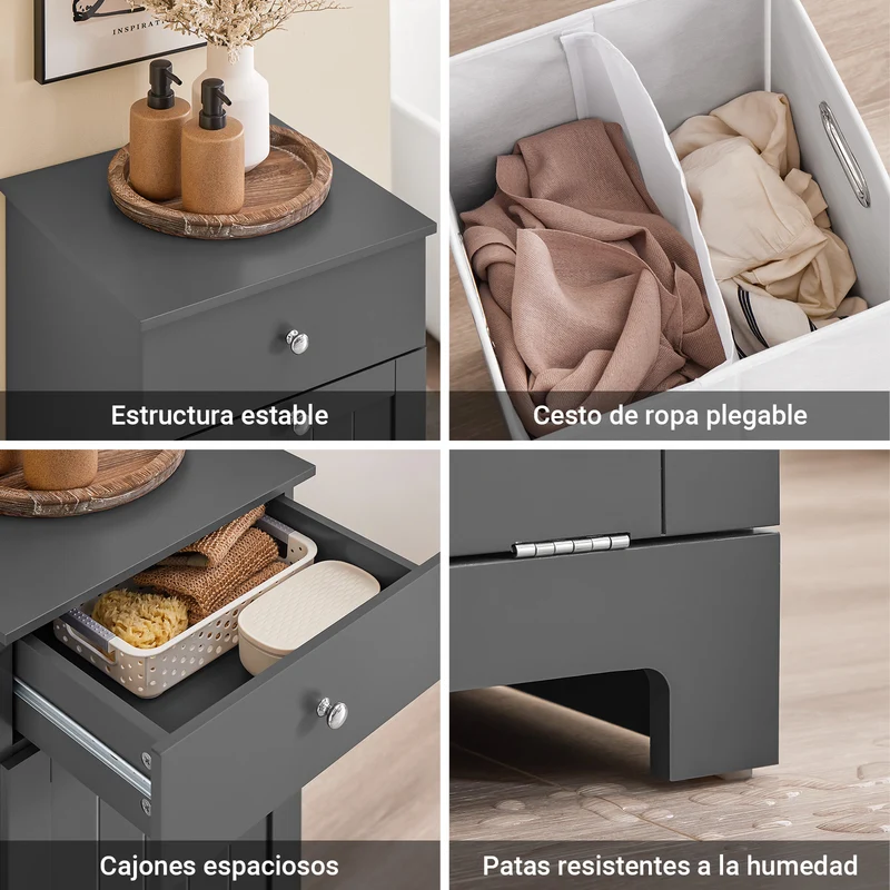 SoBuy BZR21-II-DG Mueble Baño con Cesto Ropa Sucia y Cajón Gris 40x38x90cm