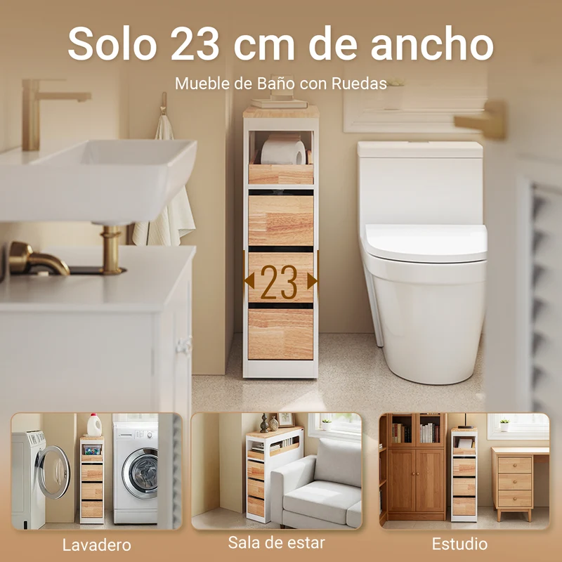SoBuy BZR54-III-WN Carrito Estrecho con 1 Bandeja Extraíble y 3 cajones Color natural