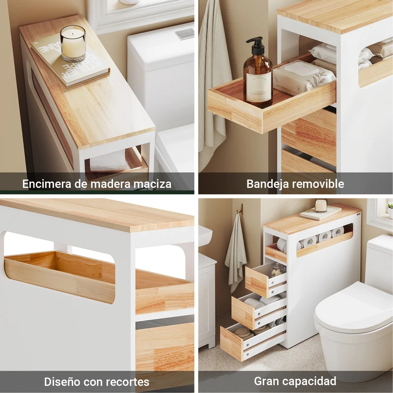 SoBuy BZR54-III-WN Carrito Estrecho con 1 Bandeja Extraíble y 3 cajones Color natural