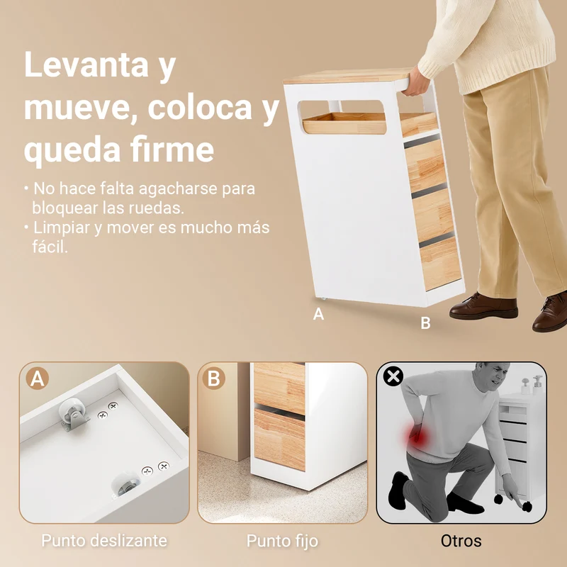 SoBuy BZR54-III-WN Carrito Estrecho con 1 Bandeja Extraíble y 3 cajones Color natural