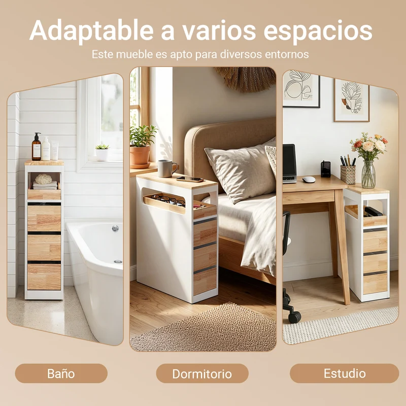 SoBuy BZR54-III-WN Carrito Estrecho con 1 Bandeja Extraíble y 3 cajones Color natural