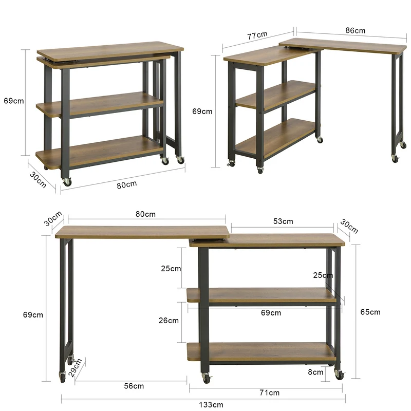 SoBuy FWT83-PF Mesa auxiliar con ruedas y 2 estante Forma de 133x69x30 cm