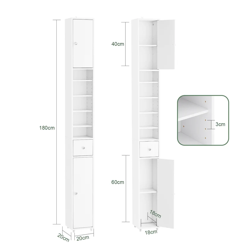 SoBuy BZR34-II-W Armario Estrecho con 2 Puertas y 1 cajón Blanco 20x20x180cm