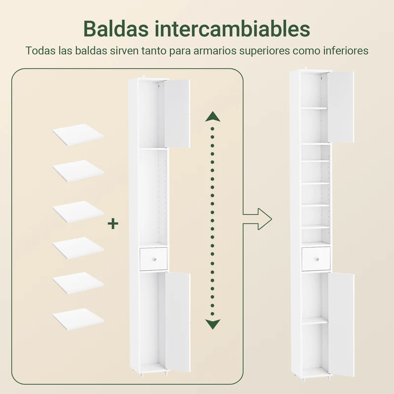 SoBuy BZR34-II-W Armario Estrecho con 2 Puertas y 1 cajón Blanco 20x20x180cm