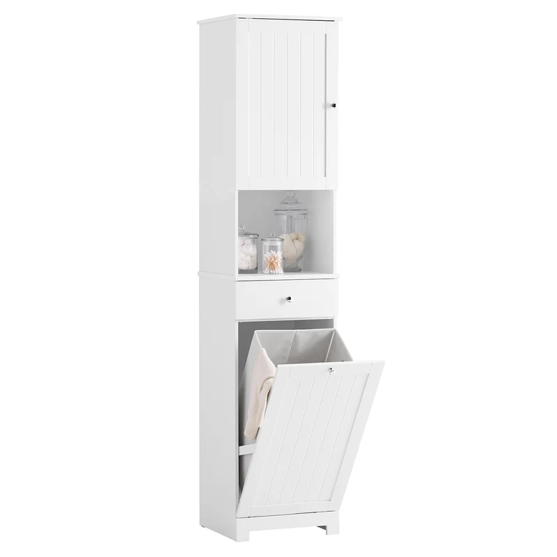 SoBuy BZR216-W Armario Alto Mueble Columna de Baño con 1 Cesto Ropa y 1 Puerta Blanco