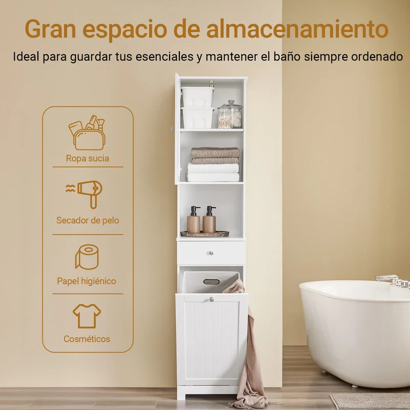 SoBuy BZR216-W Armario Alto Mueble Columna de Baño con 1 Cesto Ropa y 1 Puerta Blanco