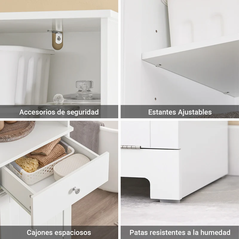 SoBuy BZR216-W Armario Alto Mueble Columna de Baño con 1 Cesto Ropa y 1 Puerta Blanco