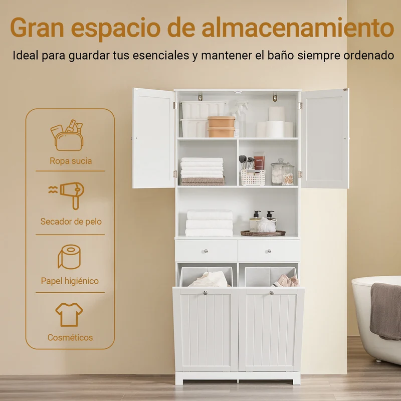 SoBuy BZR215-W Armario Alto de Baño con 2 Cestos para Ropa y 2 Cajones Blanco