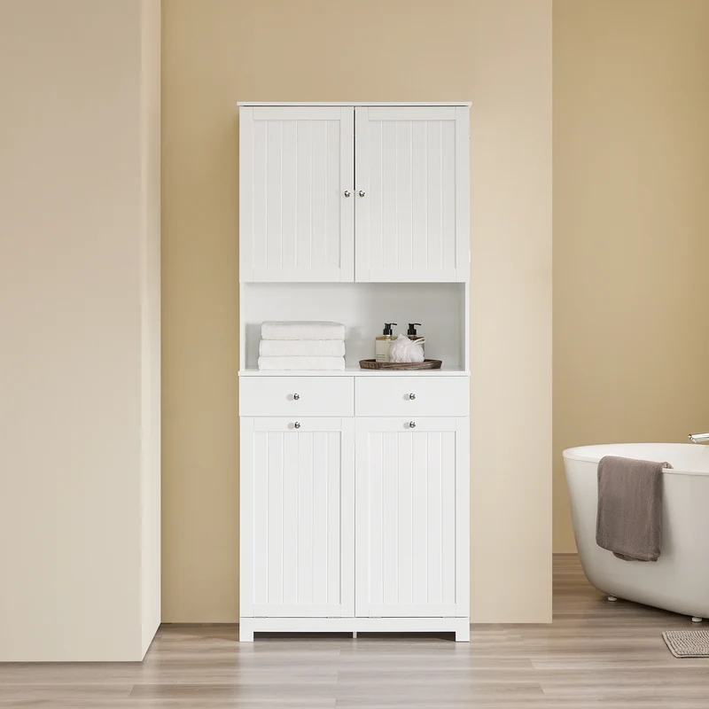 SoBuy BZR215-W Armario Alto de Baño con 2 Cestos para Ropa y 2 Cajones Blanco