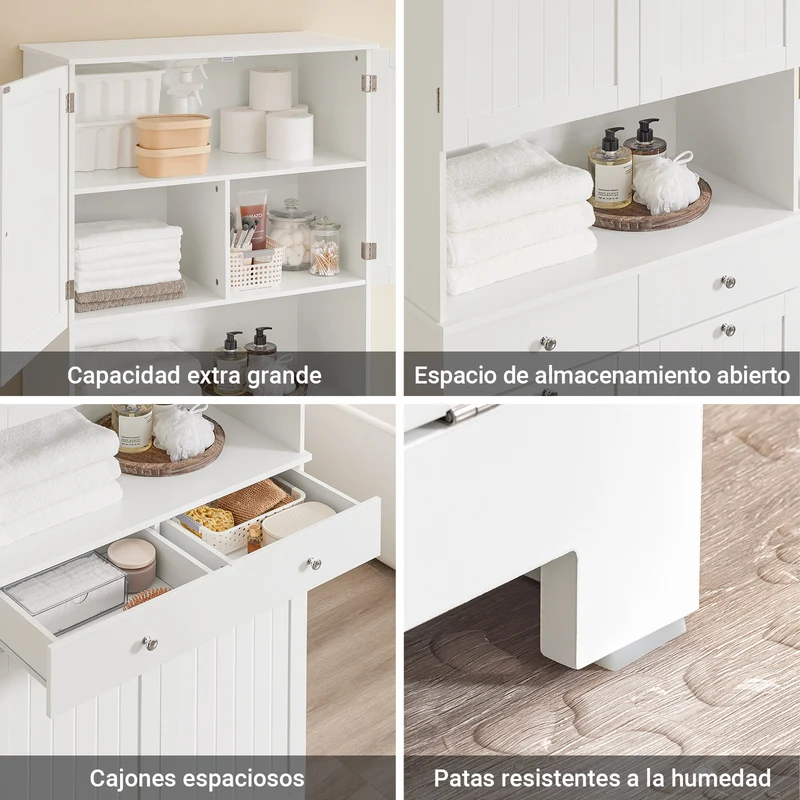 SoBuy BZR215-W Armario Alto de Baño con 2 Cestos para Ropa y 2 Cajones Blanco