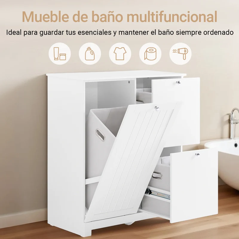 SoBuy BZR213-W Mueble Baño con 3 Cestos de Ropa Armario Estrecho para Lavandería 78x38x90 cm