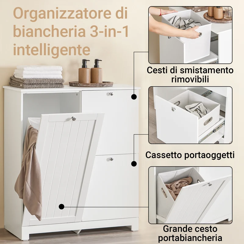 SoBuy BZR213-W Mueble Baño con 3 Cestos de Ropa Armario Estrecho para Lavandería 78x38x90 cm