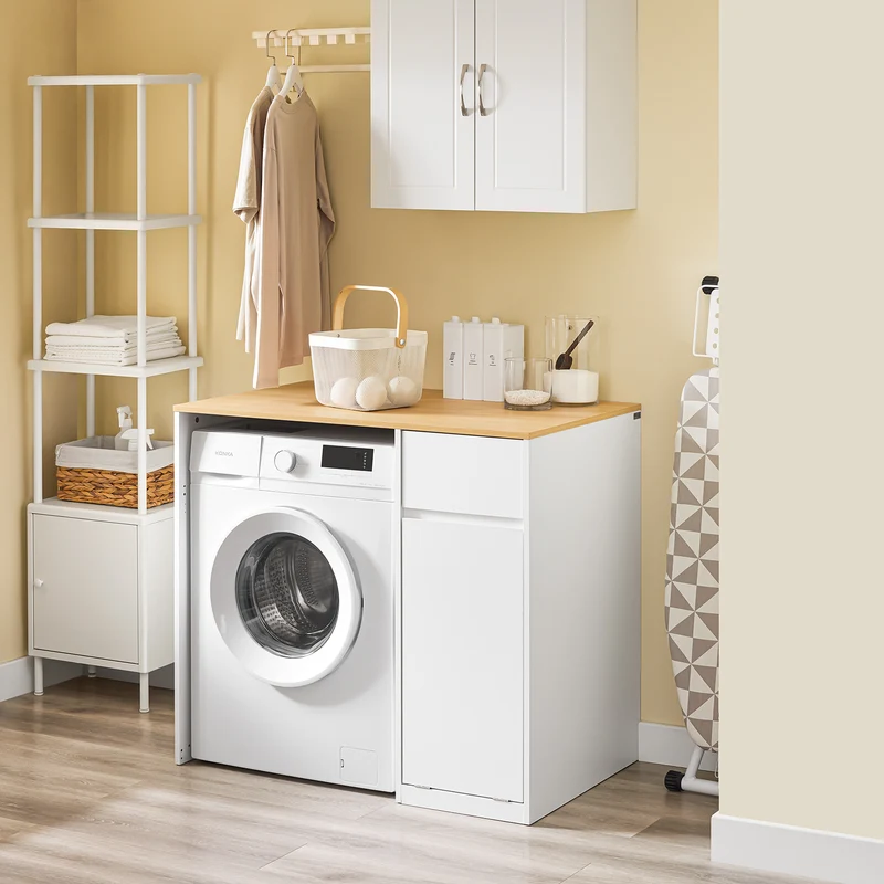 SoBuy BZR217-WN Armario para Lavadora con cesto de ropa Blanco 100×60×90 cm