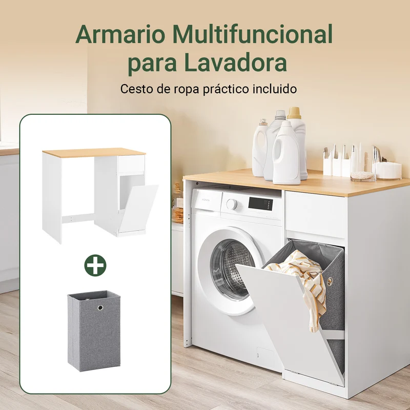 SoBuy BZR217-WN Armario para Lavadora con cesto de ropa Blanco 100×60×90 cm