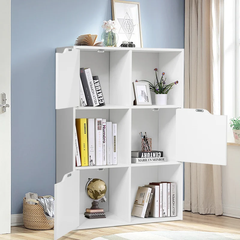 Costway - Estanteria salon, Armario oficina, de 6 Cubos y Puertas, Estanteria Libros, con 3 Niveles para Libros Juguetes y Decoraciones, Blanco