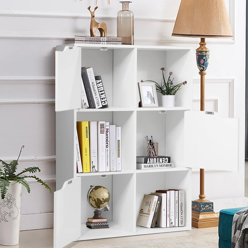 Costway - Estanteria salon, Armario oficina, de 6 Cubos y Puertas, Estanteria Libros, con 3 Niveles para Libros Juguetes y Decoraciones, Blanco