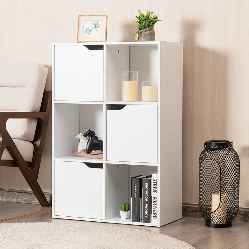Costway - Estanteria salon, Armario oficina, de 6 Cubos y Puertas, Estanteria Libros, con 3 Niveles para Libros Juguetes y Decoraciones, Blanco