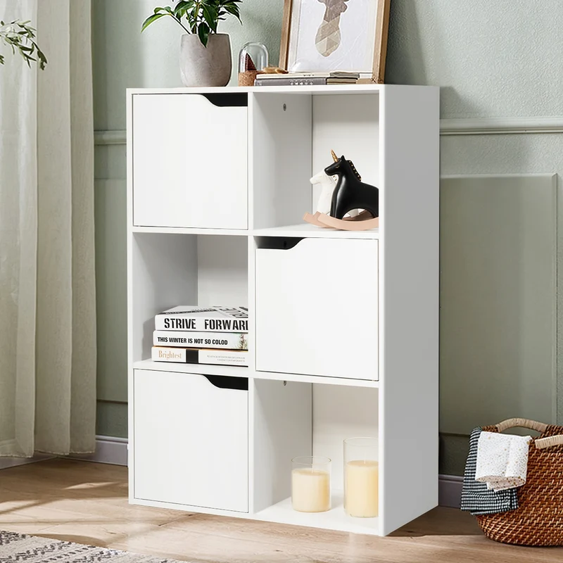 Costway - Estanteria salon, Armario oficina, de 6 Cubos y Puertas, Estanteria Libros, con 3 Niveles para Libros Juguetes y Decoraciones, Blanco