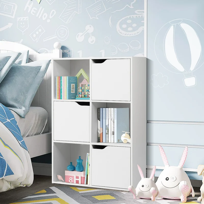 Costway - Estanteria salon, Armario oficina, de 6 Cubos y Puertas, Estanteria Libros, con 3 Niveles para Libros Juguetes y Decoraciones, Blanco