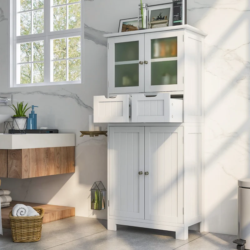 Costway - Armario Baño, Muebles para Baño, Armario de Almacenamiento de Piso con 4 Puertas Gabinete de Baño Independiente 2 Cajones, Blanco