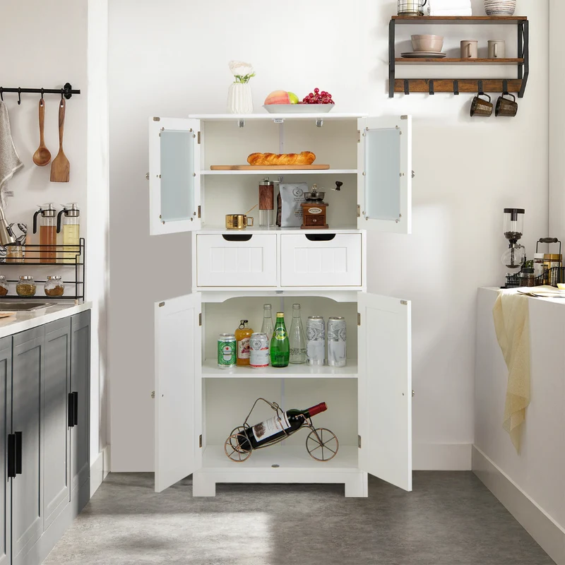 Costway - Armario Baño, Muebles para Baño, Armario de Almacenamiento de Piso con 4 Puertas Gabinete de Baño Independiente 2 Cajones, Blanco