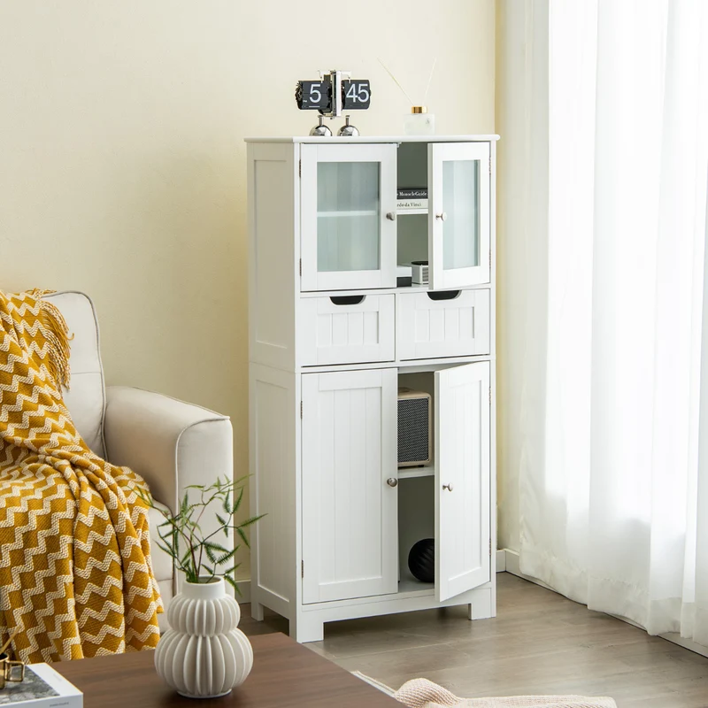 Costway - Armario Baño, Muebles para Baño, Armario de Almacenamiento de Piso con 4 Puertas Gabinete de Baño Independiente 2 Cajones, Blanco