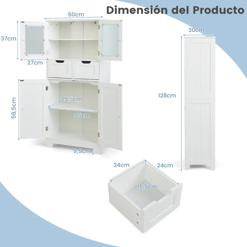 Costway - Armario Baño, Muebles para Baño, Armario de Almacenamiento de Piso con 4 Puertas Gabinete de Baño Independiente 2 Cajones, Blanco