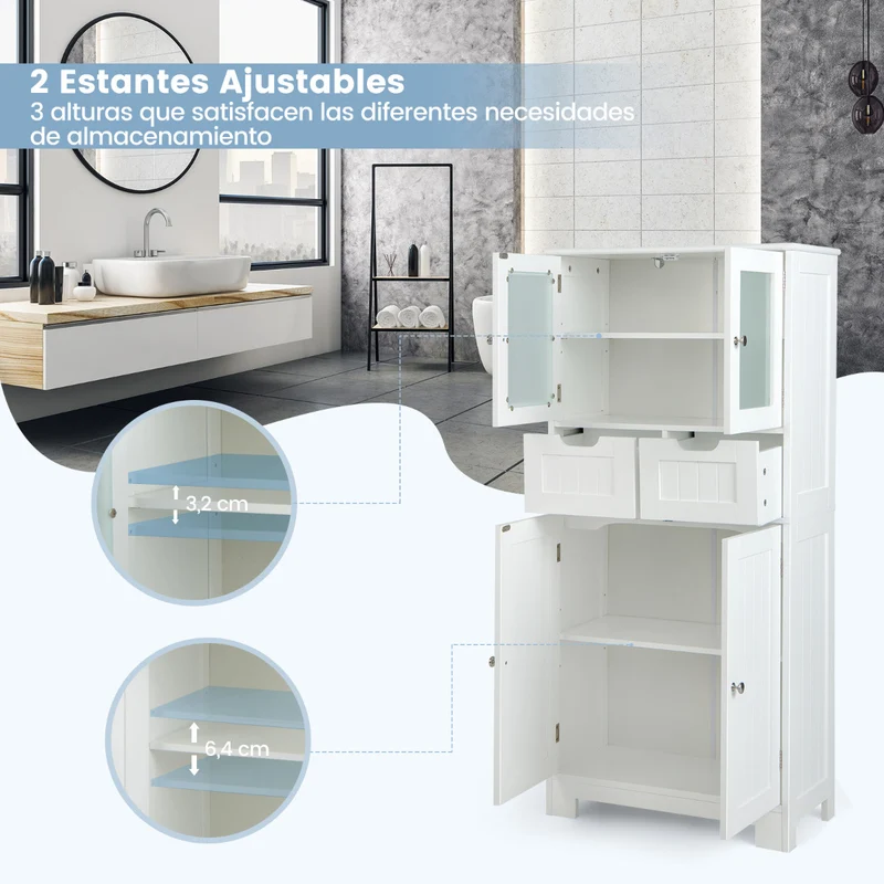 Costway - Armario Baño, Muebles para Baño, Armario de Almacenamiento de Piso con 4 Puertas Gabinete de Baño Independiente 2 Cajones, Blanco