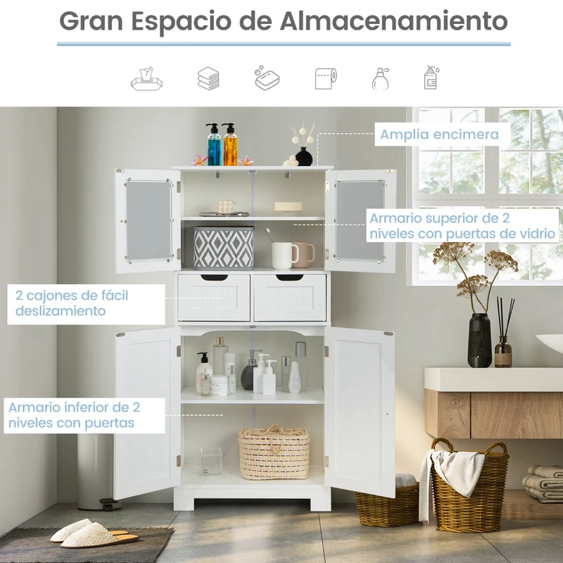 Costway - Armario Baño, Muebles para Baño, Armario de Almacenamiento de Piso con 4 Puertas Gabinete de Baño Independiente 2 Cajones, Blanco