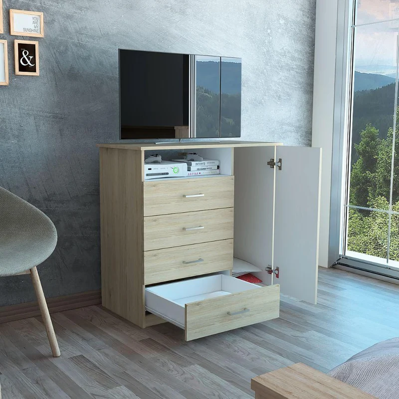 Set de 2 Organizadores Barlovento, Beige y Blanco con Cuatro Cajones y una Puerta
