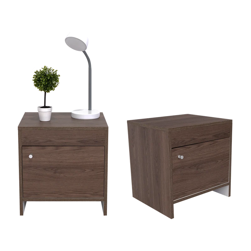 Set de 2 Mesas de Noche Tutto, Avellana y Blanco, con un Cajón Amplio Ideal para Espacios Pequeños