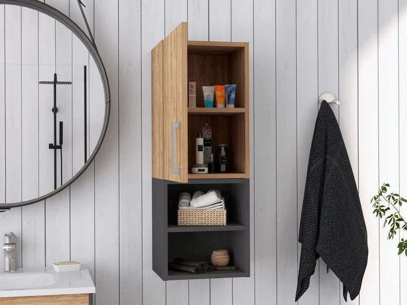 Set de 2 Gabinetes de Baño Oporto, Miel y Plata Oscuro, con Espacio para Guardar Objetos de Aseo Personal