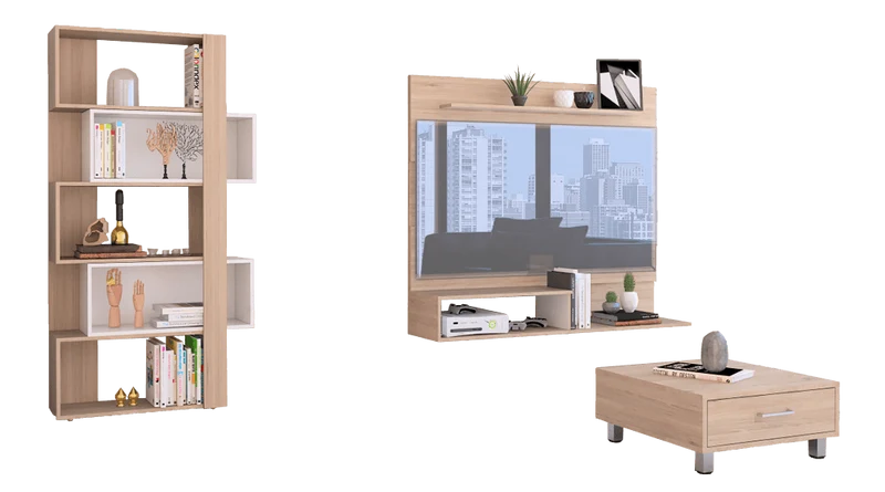 Combo para Sala Istambul, Incluye Panel TV, Biblioteca Cubo y Mesa de Centro