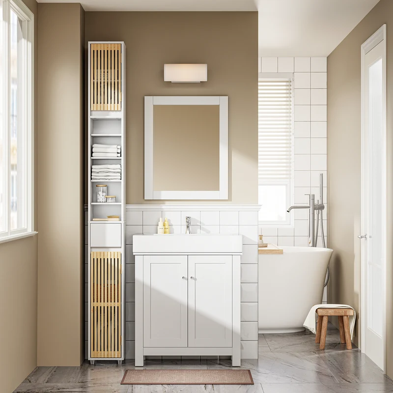 SoBuy BZR34-BW Armario Estrecho de Baño con Puertas de Bambú Blanco 20x20x180cm
