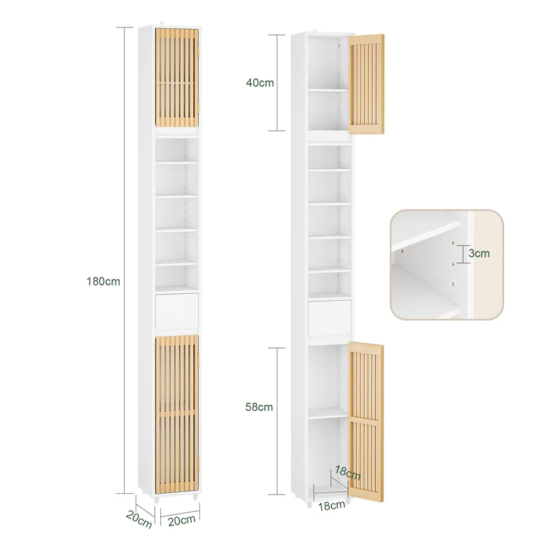 SoBuy BZR34-BW Armario Estrecho de Baño con Puertas de Bambú Blanco 20x20x180cm