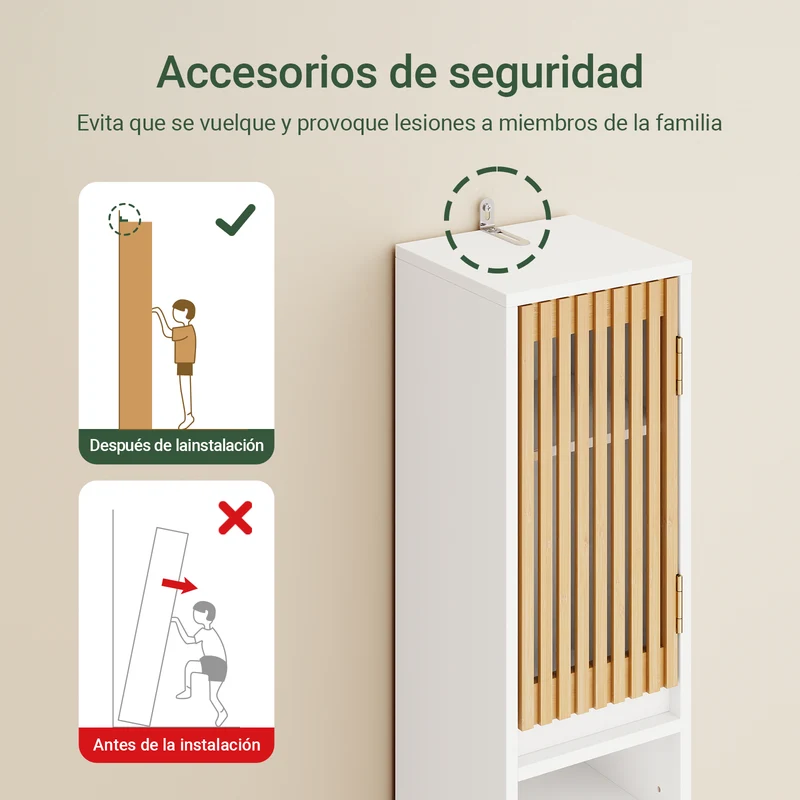 SoBuy BZR34-BW Armario Estrecho de Baño con Puertas de Bambú Blanco 20x20x180cm