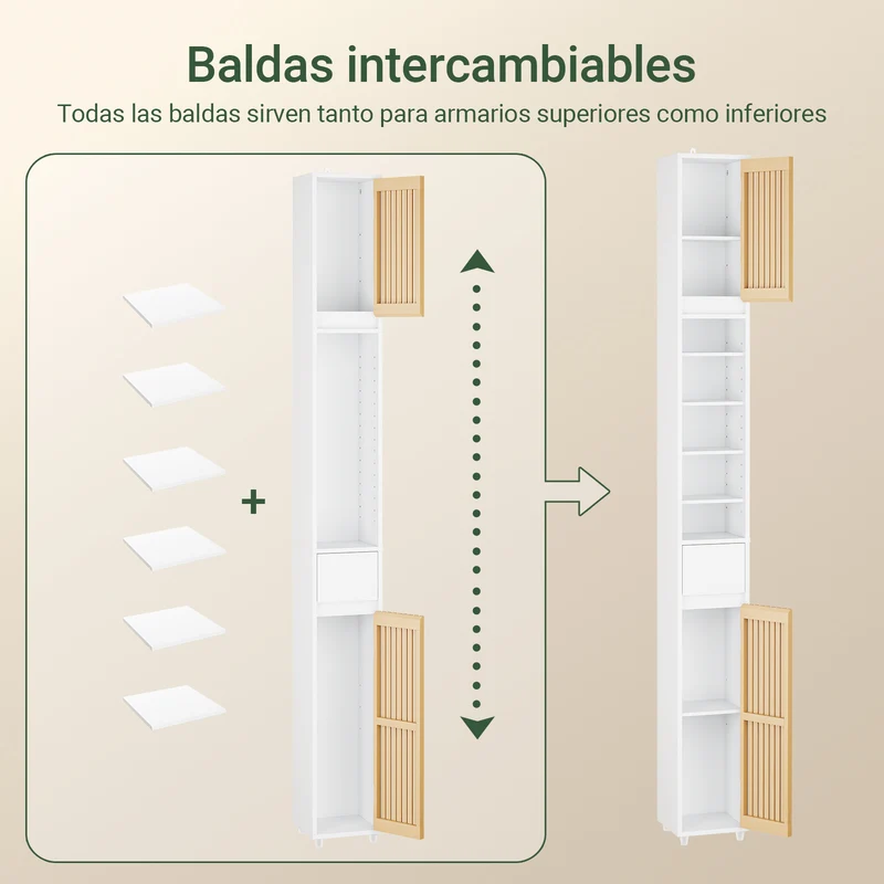 SoBuy BZR34-BW Armario Estrecho de Baño con Puertas de Bambú Blanco 20x20x180cm