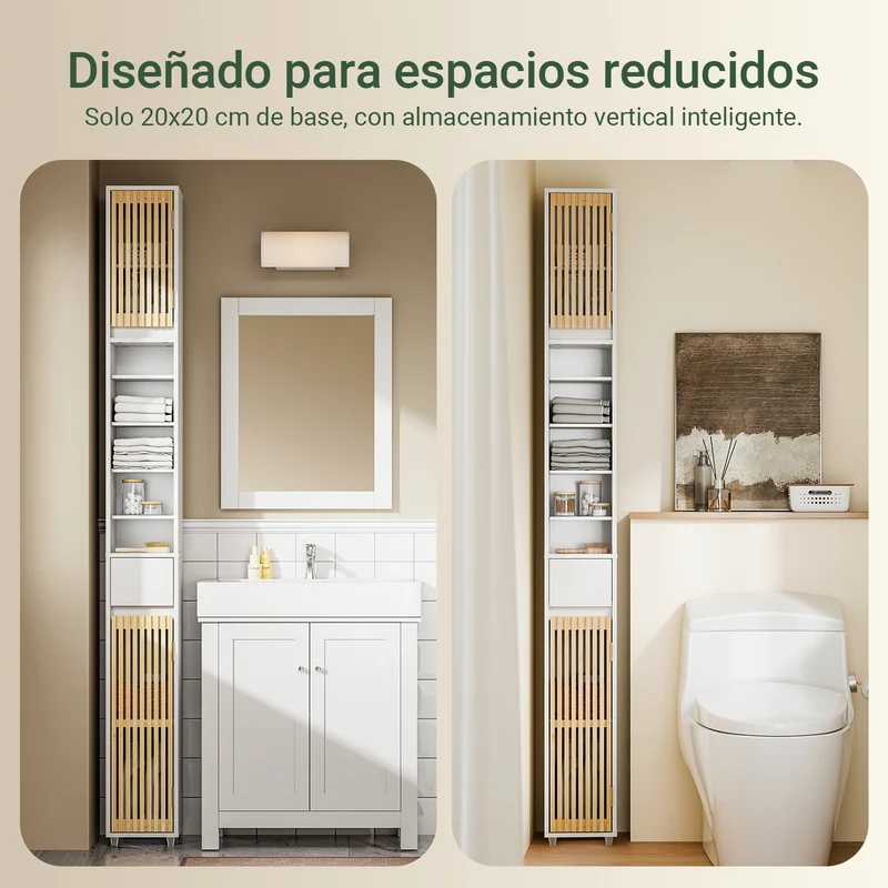 SoBuy BZR34-BW Armario Estrecho de Baño con Puertas de Bambú Blanco 20x20x180cm