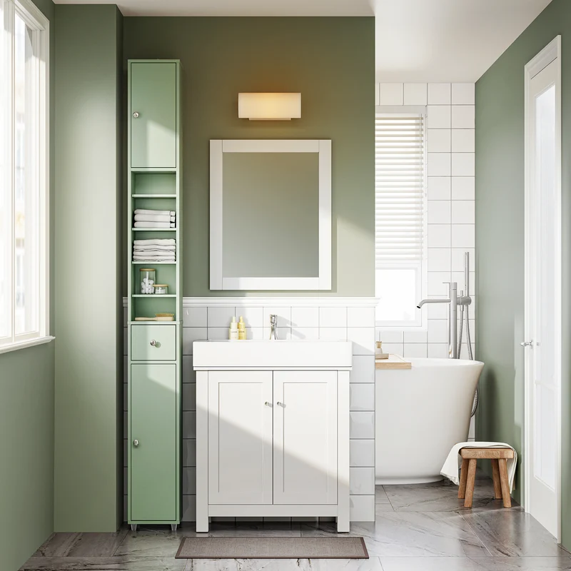 SoBuy BZR34-II-GR Mueble Columna de Baño con 5 Estantes 2 Puertas y 1 Cajón Verde