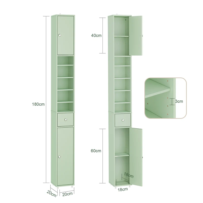 SoBuy BZR34-II-GR Mueble Columna de Baño con 5 Estantes 2 Puertas y 1 Cajón Verde