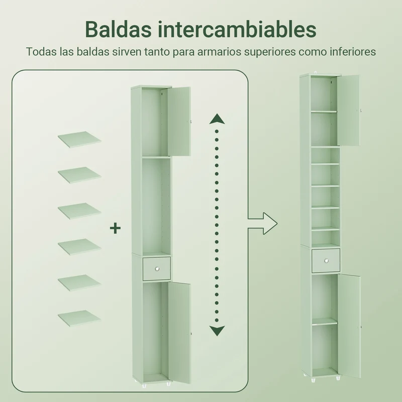 SoBuy BZR34-II-GR Mueble Columna de Baño con 5 Estantes 2 Puertas y 1 Cajón Verde