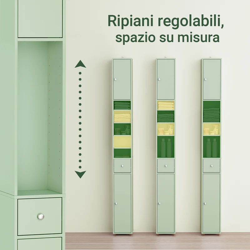 SoBuy BZR34-II-GR Mueble Columna de Baño con 5 Estantes 2 Puertas y 1 Cajón Verde